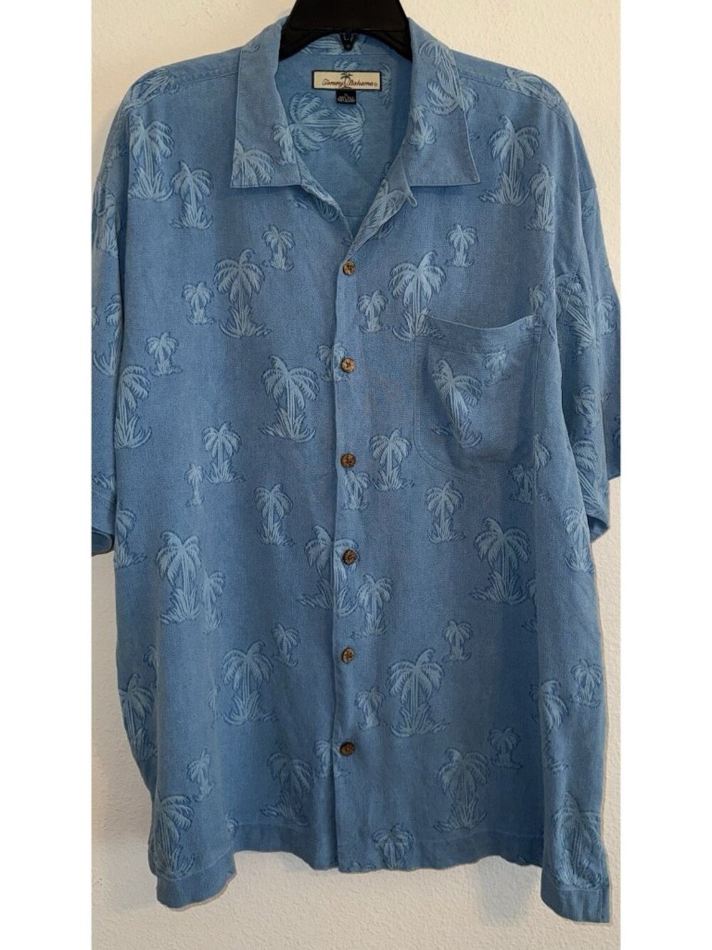 Tommy Bahama Silk Button Front Shirt Collar Palm Trees Print Mens XL XLarge Blue - Picture 2 of 6
